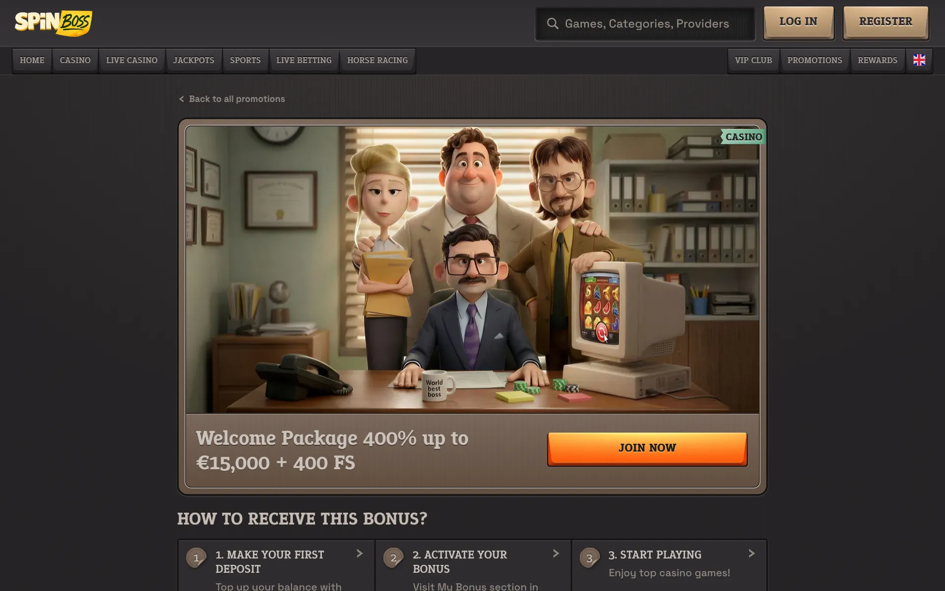 SpinBoss welcome package page: 400% and up to 15,000 plus 400 free spins