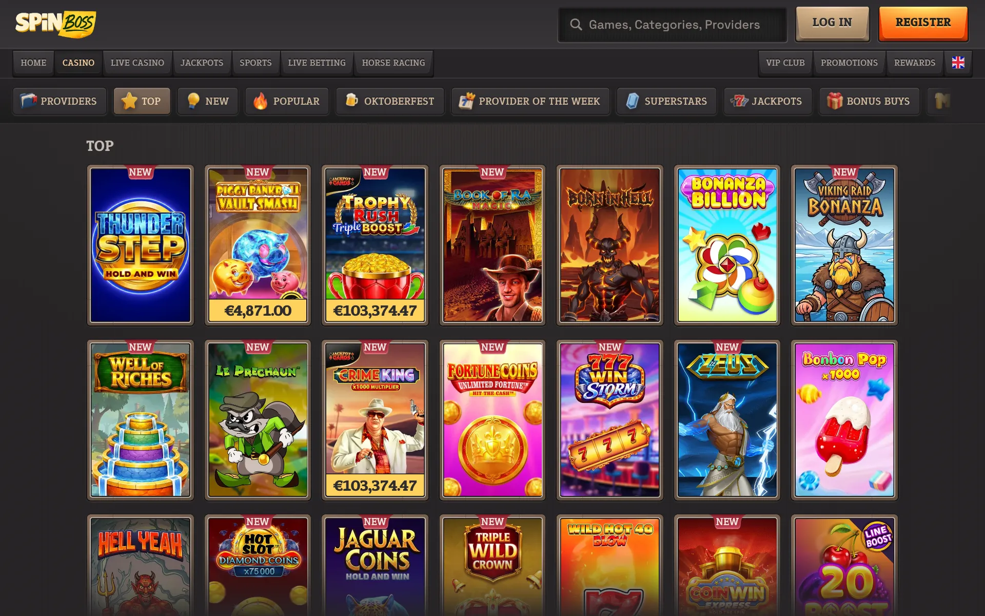 SpinBoss Casino lobby with the Top slots shelf and the game category bar