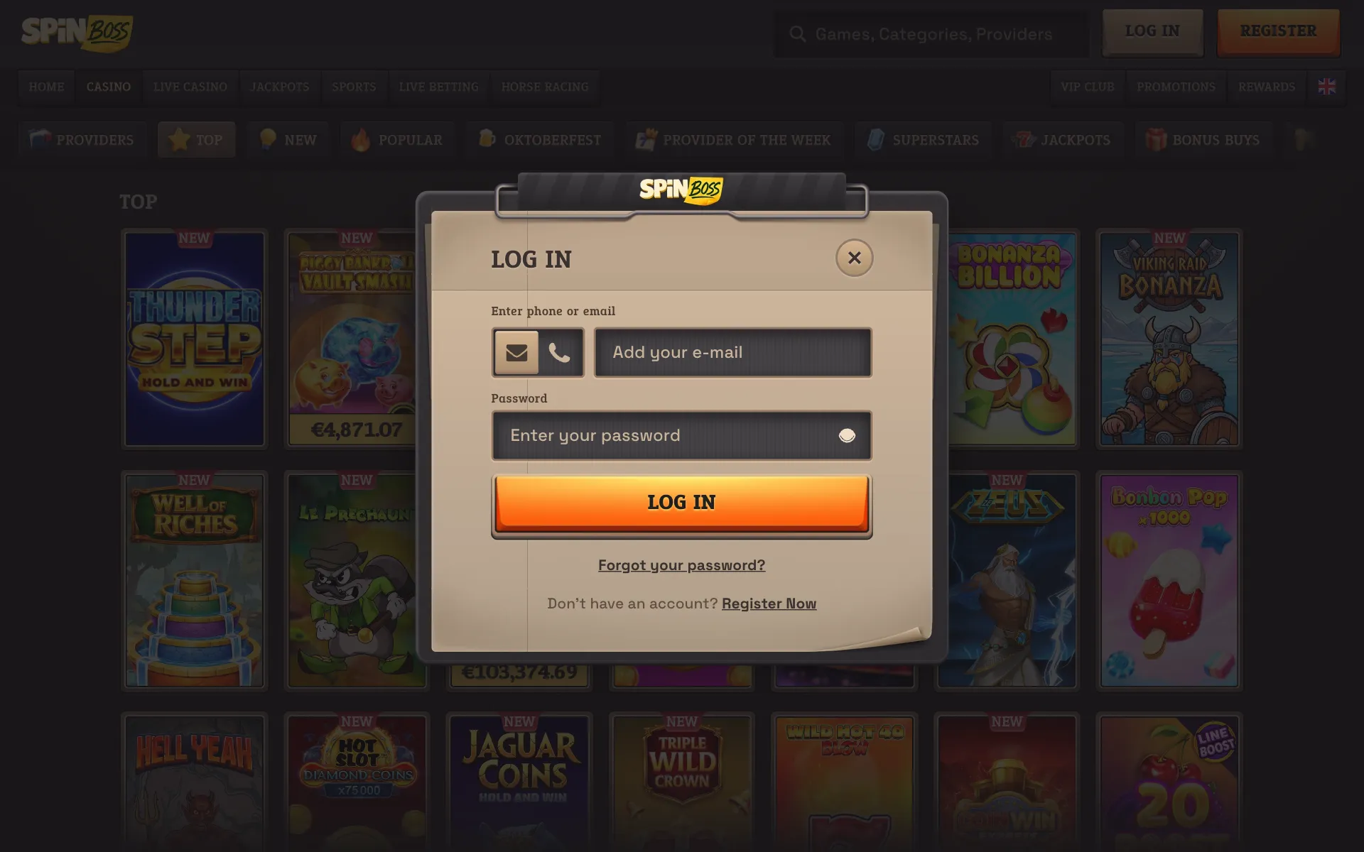 SpinBoss login window with phone or e-mail and password fields